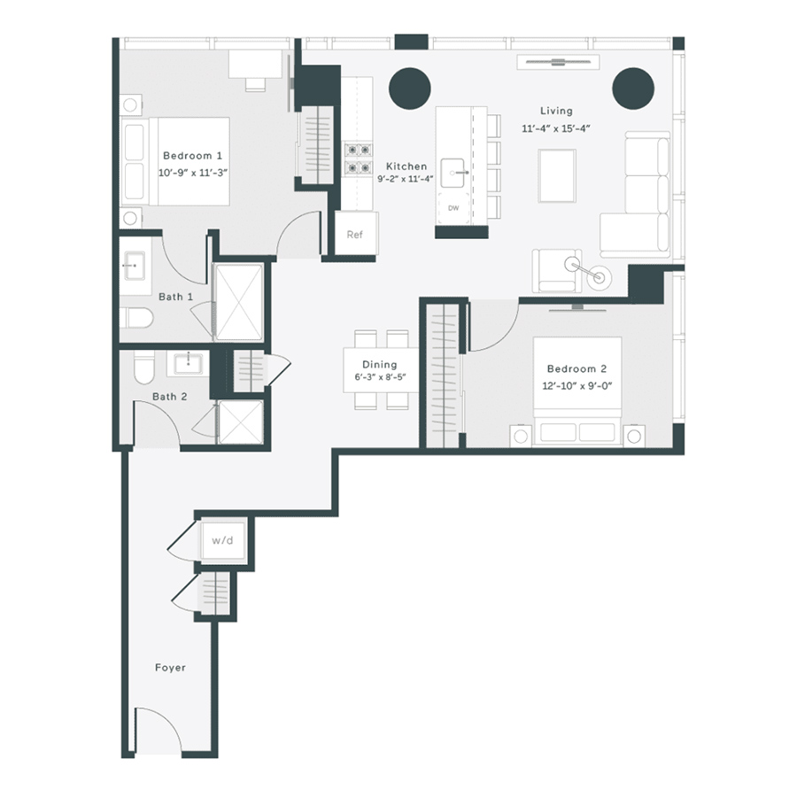 Rendering of the T1 floor plan with 2 bedroom[s] and 2 bathroom[s] at 1400 Wabash