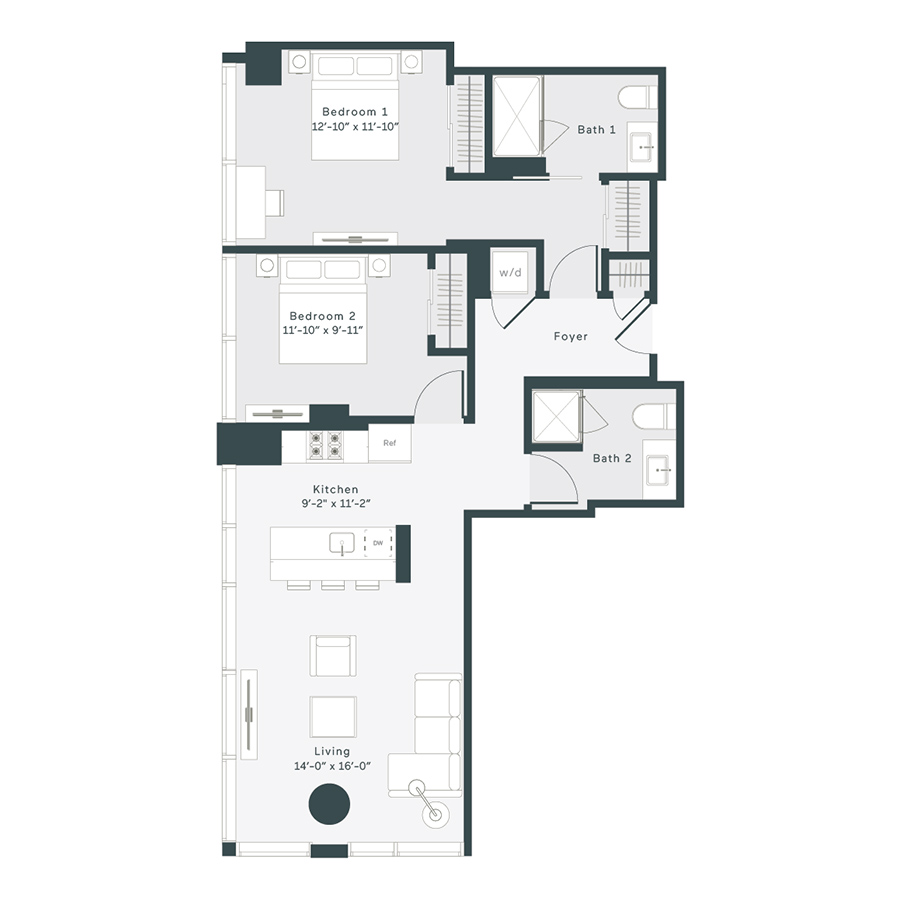 Rendering of the T6 floor plan with 2 bedroom[s] and 2 bathroom[s] at 1400 Wabash