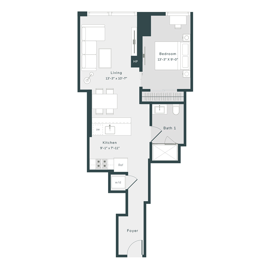 Rendering of the O2 floor plan with 1 bedroom[s] and 1 bathroom[s] at 1400 Wabash