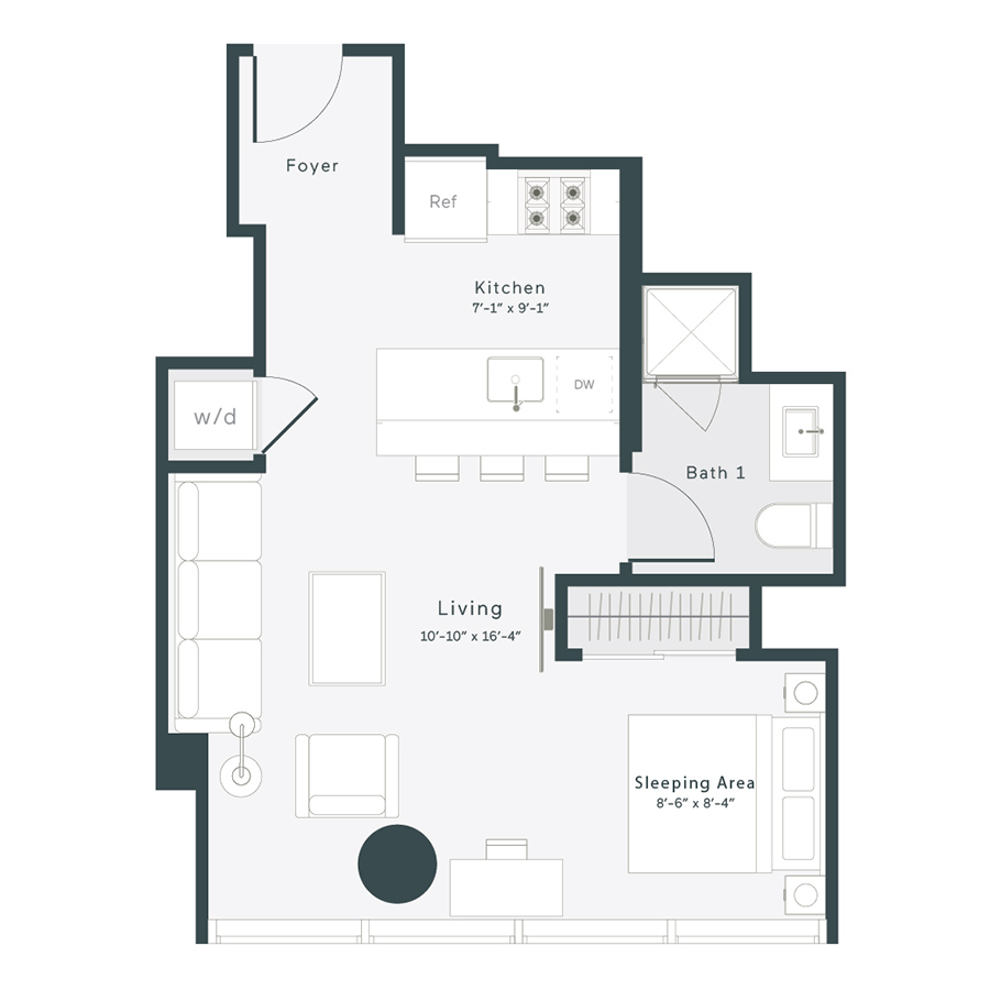 Rendering of the S1 floor plan with a Studio bedroom and 1 bathroom[s] at 1400 Wabash