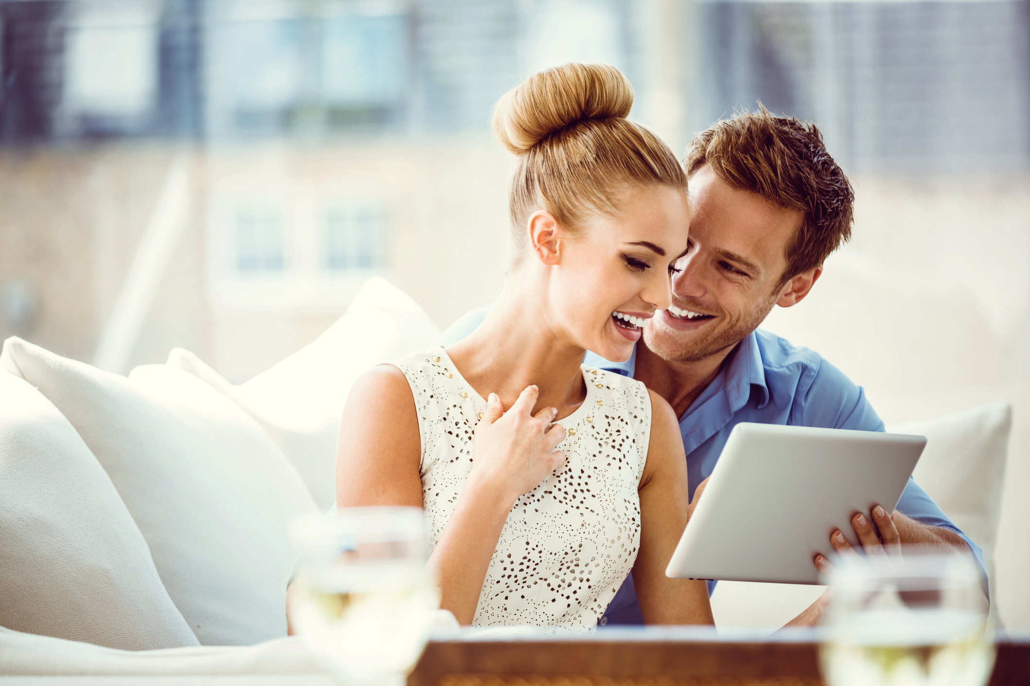 Couple with digital tablet