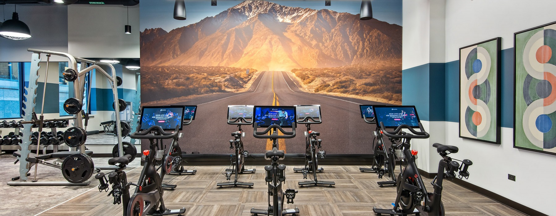 Fitness center with free weights, treadmills and ellipticals.