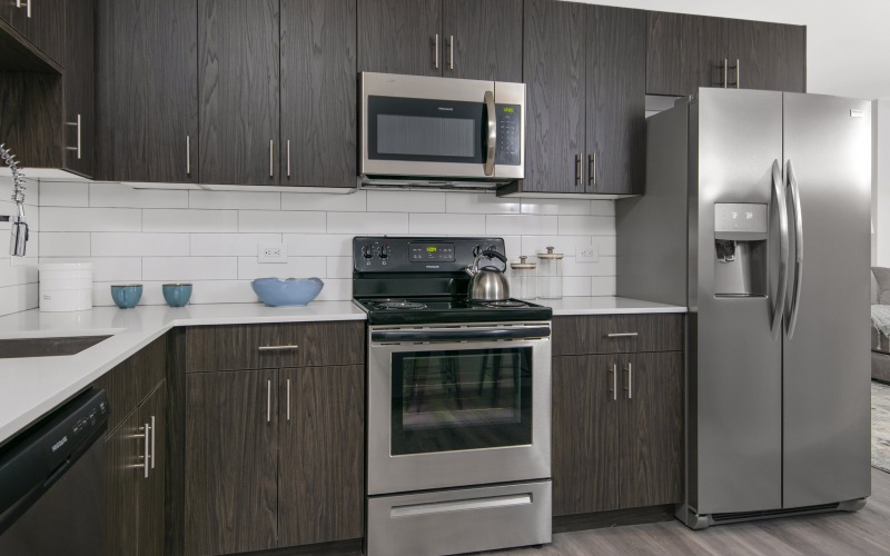 Open kitchen and living room with plenty of natural light.